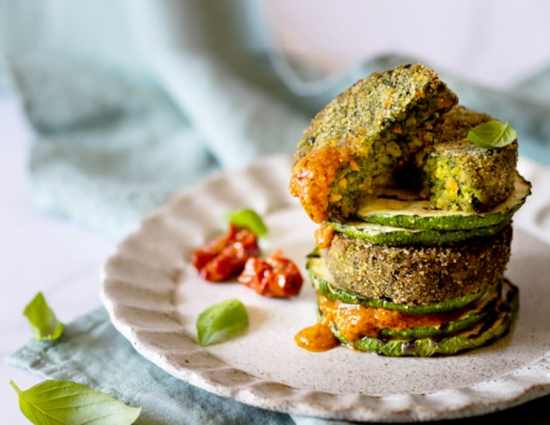 Spinach mini burger on a courgette millefeuille and sundried tomato pesto