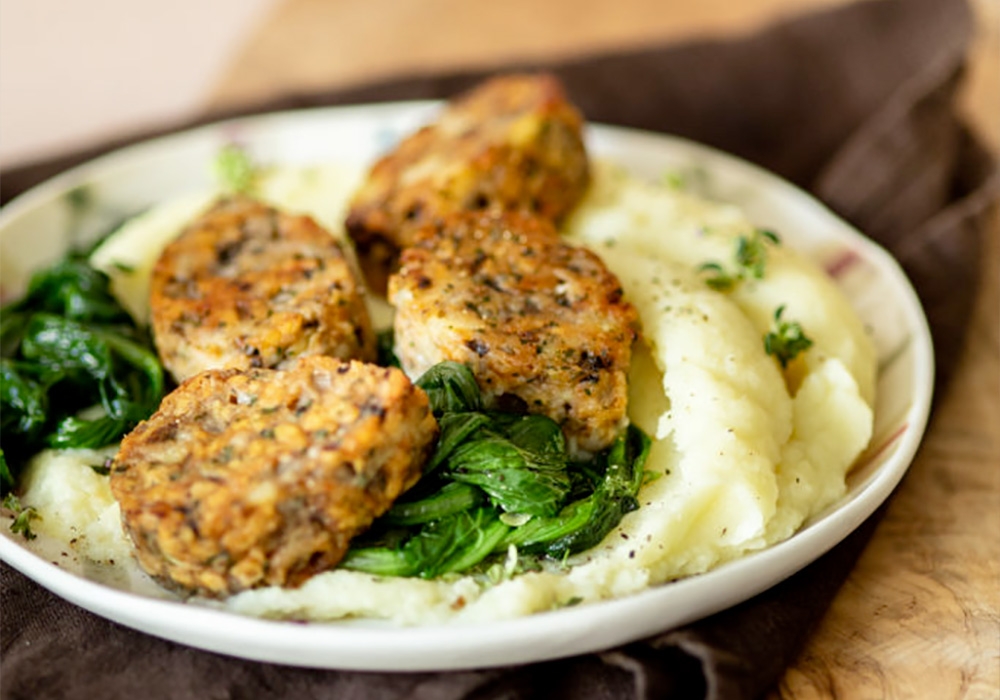 Mushroom veggie drops with Swiss chard on potato mash