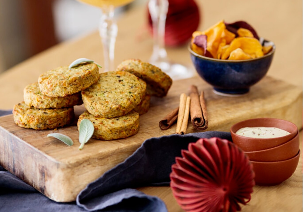 Winter pre-dinner snack among friends with grilled vegetable mini burgers