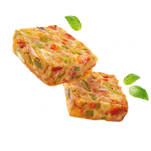 Quadratino con pomodori, olive e basilico