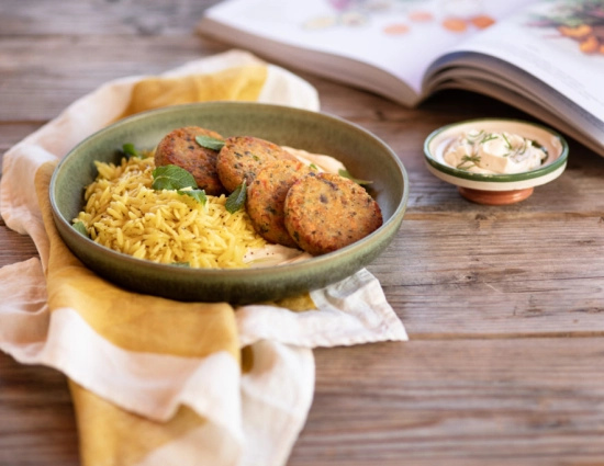 Grilled vegetable mini burger with saffron rice and soy labneh