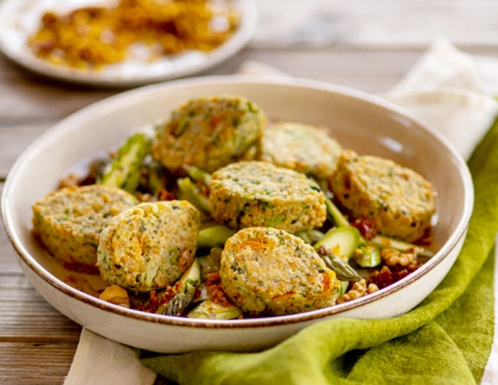 Spelt, tomato and asparagus veggie drops with crunchy walnut asparagus salad and sundried tomatoes