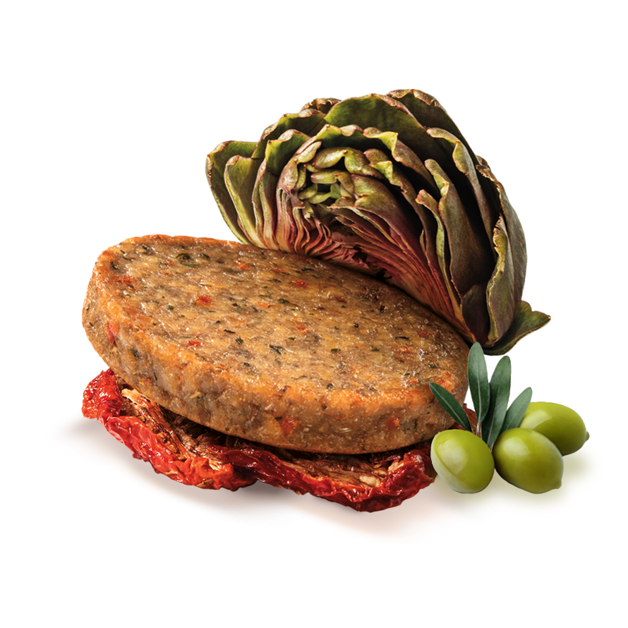 Burger vegetal con alcachofas, tomates secos y aceitunas verdes